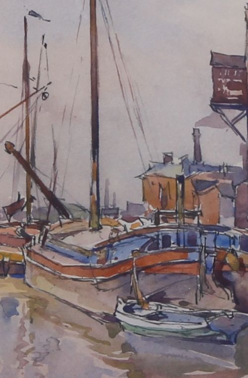 fig 4. An original 1929 watercolour painting depicting moored boats alongside harbour buildings in Lincoln by artist Fred Lawson.