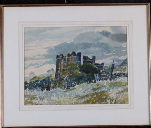 fig 1. A watercolour painting depicting Bolton Castle under a overcast grey sky with green foliage and a field in the foreground.