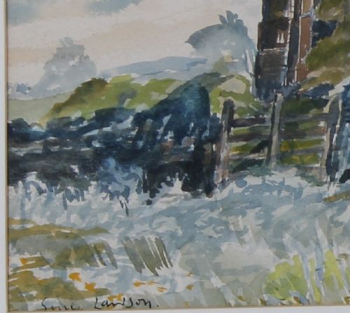 fig 2. A watercolour painting depicting Bolton Castle under a overcast grey sky with green foliage and a field in the foreground.