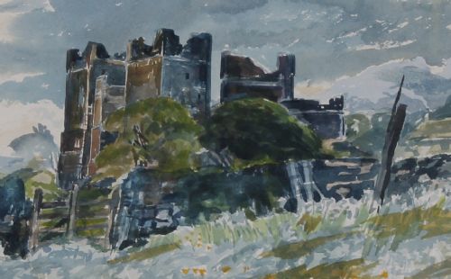 fig 3. A watercolour painting depicting Bolton Castle under a overcast grey sky with green foliage and a field in the foreground.