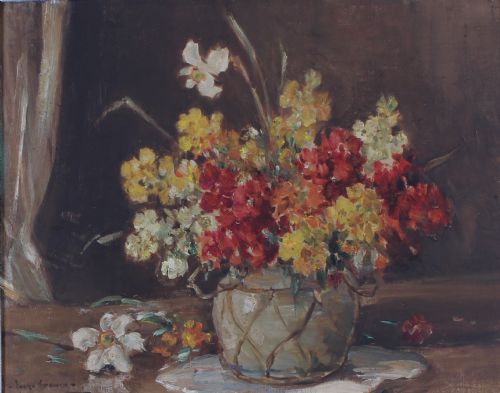 fig 1. A framed still life oil painting depicting a vase filled with red, yellow, and white spring flowers against a dark backdrop, set inside a heavy ornate gold frame.