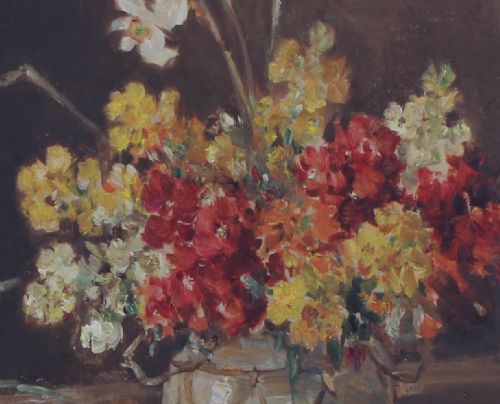 fig 3. A framed still life oil painting depicting a vase filled with red, yellow, and white spring flowers against a dark backdrop, set inside a heavy ornate gold frame.
