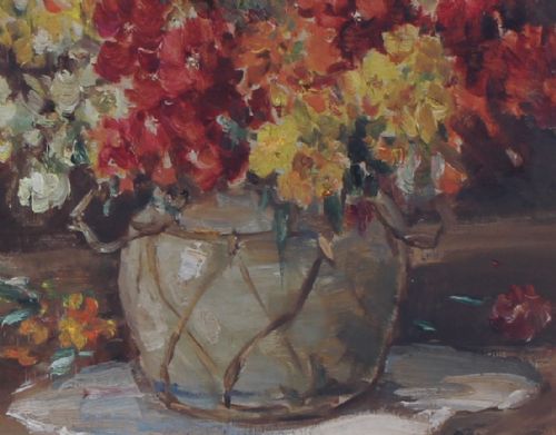 fig 4. A framed still life oil painting depicting a vase filled with red, yellow, and white spring flowers against a dark backdrop, set inside a heavy ornate gold frame.