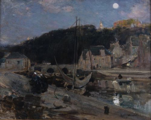 fig 1. An antique oil painting depicting a nocturnal harbour scene in Dinan, Brittany, displayed inside an ornate gilded frame.