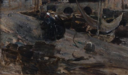 fig 2. An antique oil painting depicting a nocturnal harbour scene in Dinan, Brittany, displayed inside an ornate gilded frame.