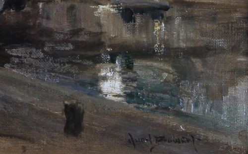 fig 3. An antique oil painting depicting a nocturnal harbour scene in Dinan, Brittany, displayed inside an ornate gilded frame.