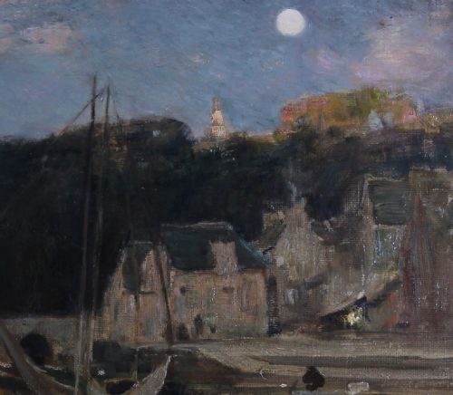 fig 4. An antique oil painting depicting a nocturnal harbour scene in Dinan, Brittany, displayed inside an ornate gilded frame.
