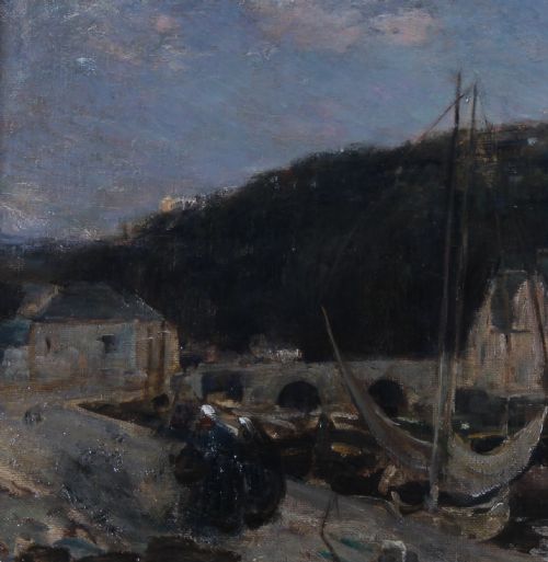 fig 5. An antique oil painting depicting a nocturnal harbour scene in Dinan, Brittany, displayed inside an ornate gilded frame.