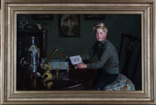 fig 1. An oil painting depicting a young blonde boy seated at a dark wooden desk with scientific equipment, a brass microscope, and an open book.