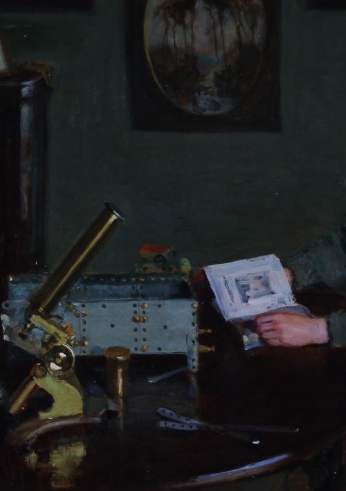 fig 2. An oil painting depicting a young blonde boy seated at a dark wooden desk with scientific equipment, a brass microscope, and an open book.