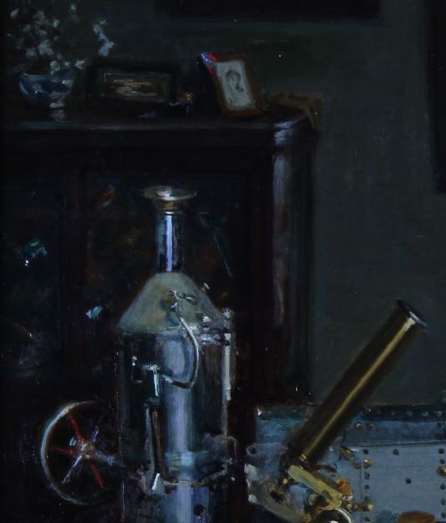 fig 4. An oil painting depicting a young blonde boy seated at a dark wooden desk with scientific equipment, a brass microscope, and an open book.