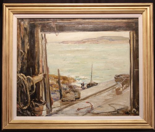 fig 1. An oil painting depicting a view through a dark timber boathouse doorway looking out onto a calm coastal bay and distant shoreline.