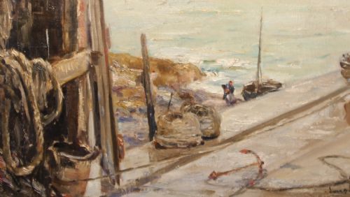 fig 2. An oil painting depicting a view through a dark timber boathouse doorway looking out onto a calm coastal bay and distant shoreline.