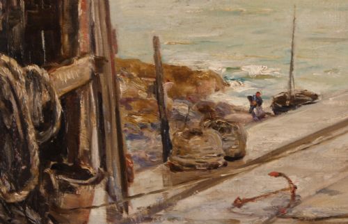 fig 3. An oil painting depicting a view through a dark timber boathouse doorway looking out onto a calm coastal bay and distant shoreline.