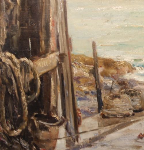 fig 4. An oil painting depicting a view through a dark timber boathouse doorway looking out onto a calm coastal bay and distant shoreline.