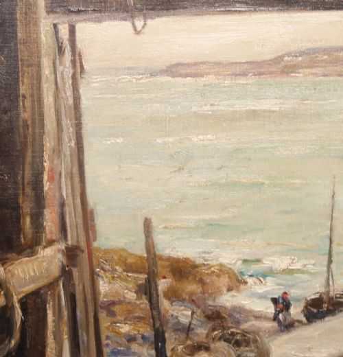 fig 5. An oil painting depicting a view through a dark timber boathouse doorway looking out onto a calm coastal bay and distant shoreline.