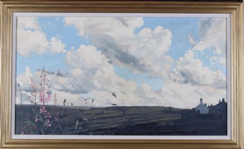 fig 1. A horizontal landscape oil painting depicting rolling Yorkshire fields and pink wildflowers beneath an expansive blue sky filled with clouds.