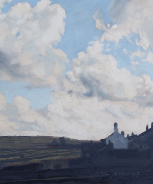 fig 2. A horizontal landscape oil painting depicting rolling Yorkshire fields and pink wildflowers beneath an expansive blue sky filled with clouds.