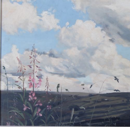 fig 3. A horizontal landscape oil painting depicting rolling Yorkshire fields and pink wildflowers beneath an expansive blue sky filled with clouds.