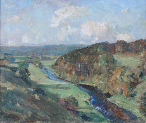fig 1. An impressionistic landscape oil painting depicting a river winding through green hills, framed within an ornate swept gilt border.