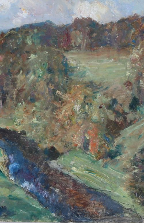 fig 2. An impressionistic landscape oil painting depicting a river winding through green hills, framed within an ornate swept gilt border.