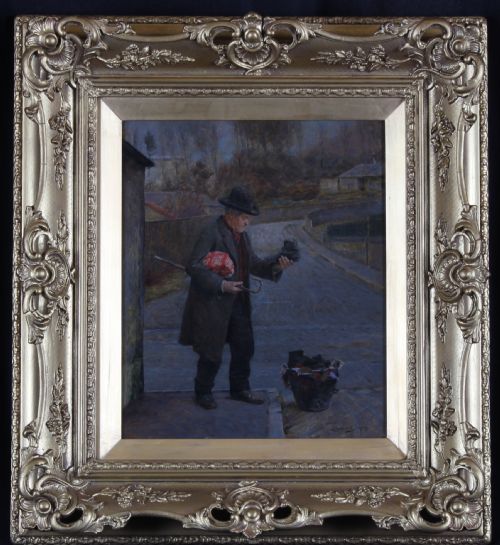 fig 1. An Edwardian genre oil painting depicting a man standing on a paved village street examining a boot, rendered in muted blue and grey tones.