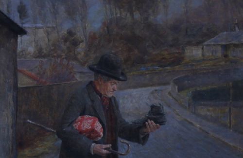 fig 2. An Edwardian genre oil painting depicting a man standing on a paved village street examining a boot, rendered in muted blue and grey tones.
