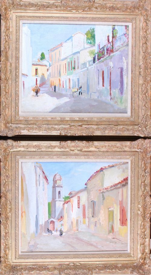 philip naviasky spanish town oil paintings pair - CATEGORY: ANTIQUE ART - DATED 1940