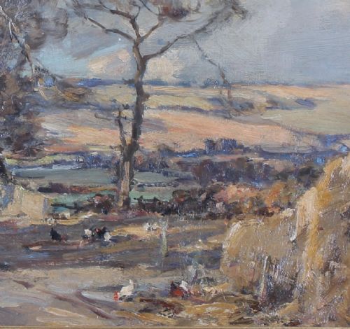 fig 2. An impressionistic oil painting depicting a rural Yorkshire landscape with bare trees, working farm animals, and an expansive dale under a cloud-filled blue sky.