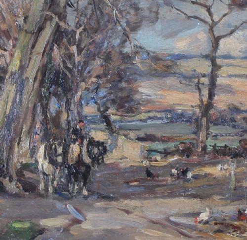 fig 4. An impressionistic oil painting depicting a rural Yorkshire landscape with bare trees, working farm animals, and an expansive dale under a cloud-filled blue sky.