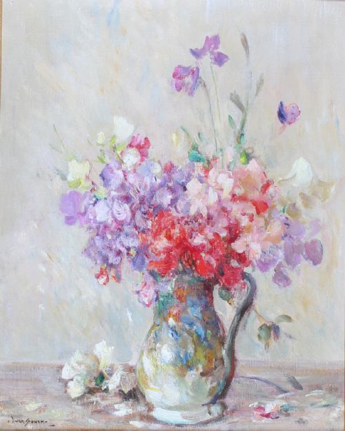 fig 1. An impressionist oil painting depicting a colourful bouquet of pink, purple, and red spring flowers in a ceramic jug, set within a carved gilt frame.