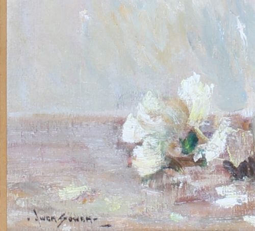 fig 2. An impressionist oil painting depicting a colourful bouquet of pink, purple, and red spring flowers in a ceramic jug, set within a carved gilt frame.