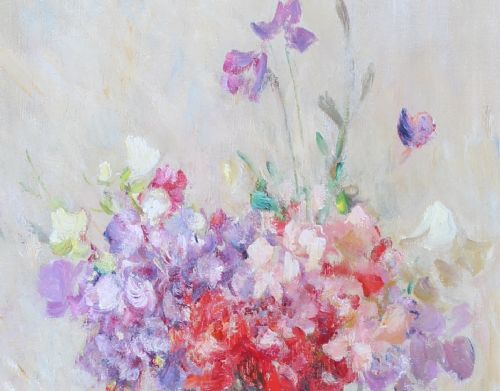 fig 3. An impressionist oil painting depicting a colourful bouquet of pink, purple, and red spring flowers in a ceramic jug, set within a carved gilt frame.