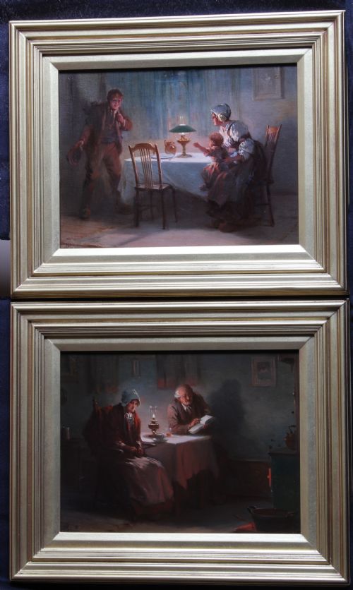 ALEXANDER ROSELL THE DINING TABLE EVENING GOOD INTERIOR OIL PAINTING A PAIR