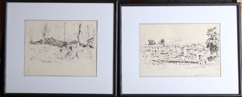 Fred Lawson. "Bolton Castle". Landscape Ink Watercolour Drawing. Pair