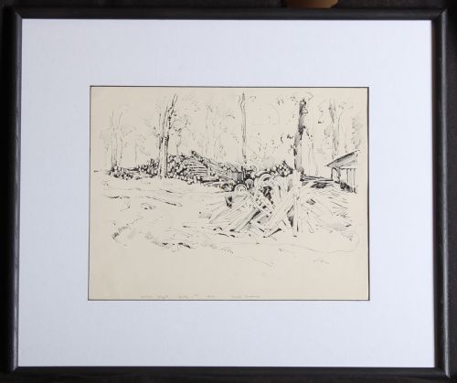fig 1. A pair of framed monochrome ink landscape drawings on paper depicting rural scenes in dark wooden frames.