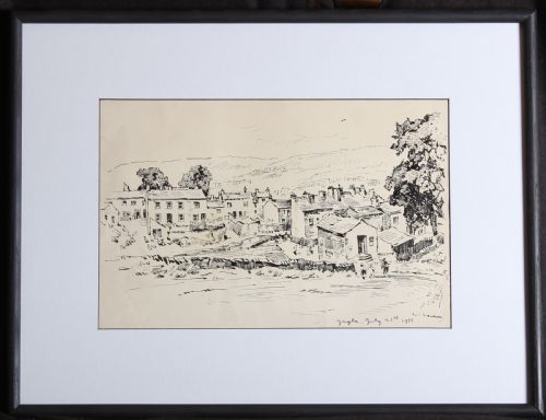 fig 2. A pair of framed monochrome ink landscape drawings on paper depicting rural scenes in dark wooden frames.