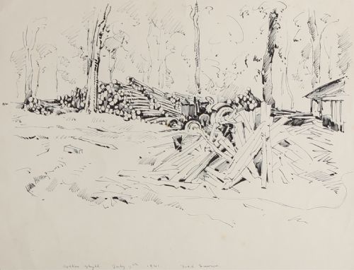 fig 3. A pair of framed monochrome ink landscape drawings on paper depicting rural scenes in dark wooden frames.