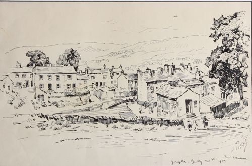 fig 4. A pair of framed monochrome ink landscape drawings on paper depicting rural scenes in dark wooden frames.