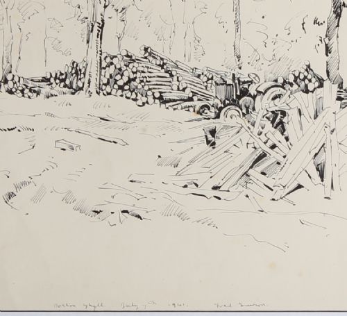 fig 5. A pair of framed monochrome ink landscape drawings on paper depicting rural scenes in dark wooden frames.