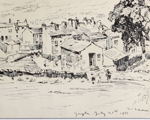 fig 6. A pair of framed monochrome ink landscape drawings on paper depicting rural scenes in dark wooden frames.