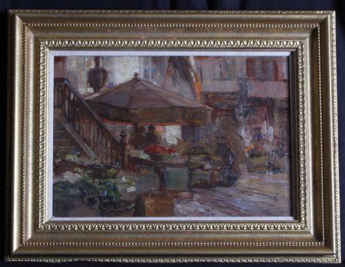 fig 1. An impressionist oil painting depicting a Belgian outdoor market scene with stalls, figures, and architectural elements rendered in warm earth tones.