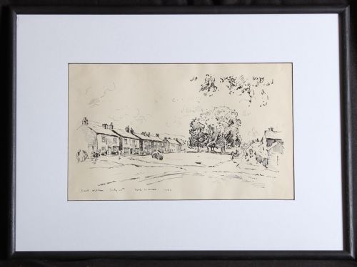 fig 1. A monochrome ink line drawing on paper depicting a row of village cottages alongside a grassy green with mature trees in East Witton.