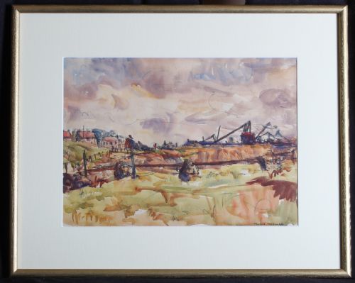 fig 1. A mid-century watercolour painting depicting an industrial quarry landscape under a cloudy sky in muted ochre, brown, and light purple shades.