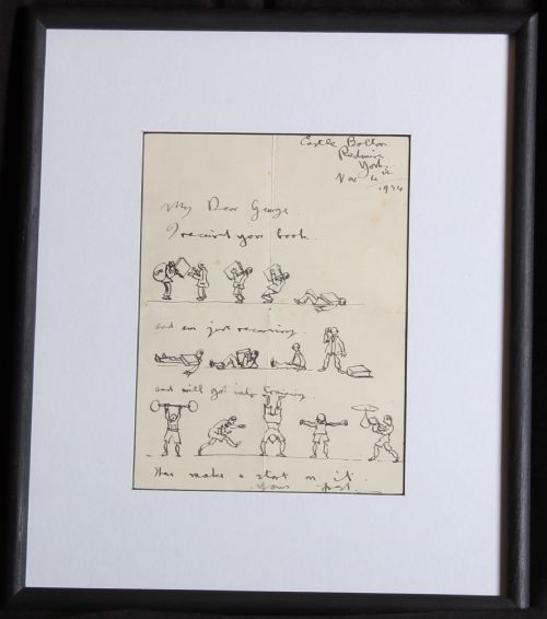 fig 1. An early 20th-century handwritten letter on off-white paper featuring ink-drawn comic figures lifting heavy books and exercising alongside cursive script.