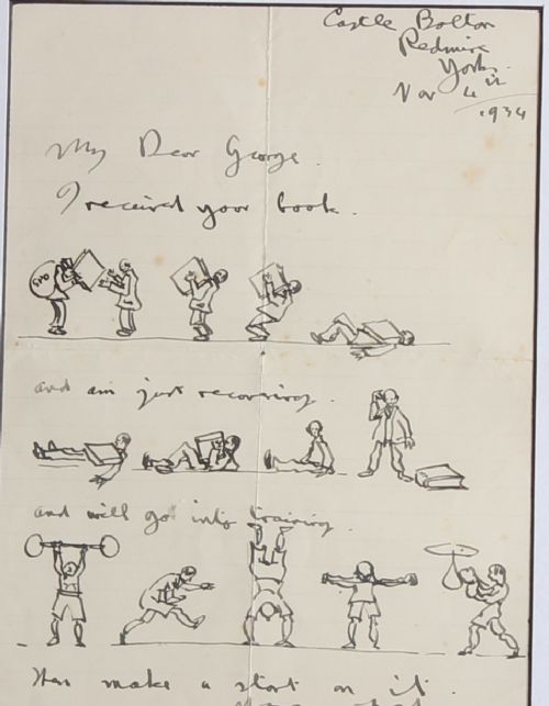 fig 2. An early 20th-century handwritten letter on off-white paper featuring ink-drawn comic figures lifting heavy books and exercising alongside cursive script.