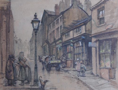Cuthbert Crossley " Wood Mill Shops, Halifax". Watercolour townscape.