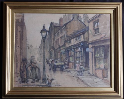 fig 1. A watercolour painting depicting a historic Halifax street with shopfronts, a gas lamppost, figures standing together, and a horse-drawn cart.