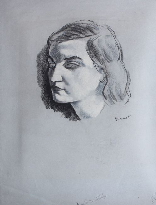 fig 1. A framed monochrome ink and charcoal portrait drawing depicting the head and shoulders of a woman on light paper, set inside a dark moulded wooden frame.