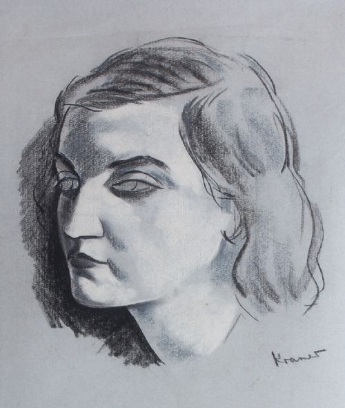 fig 2. A framed monochrome ink and charcoal portrait drawing depicting the head and shoulders of a woman on light paper, set inside a dark moulded wooden frame.